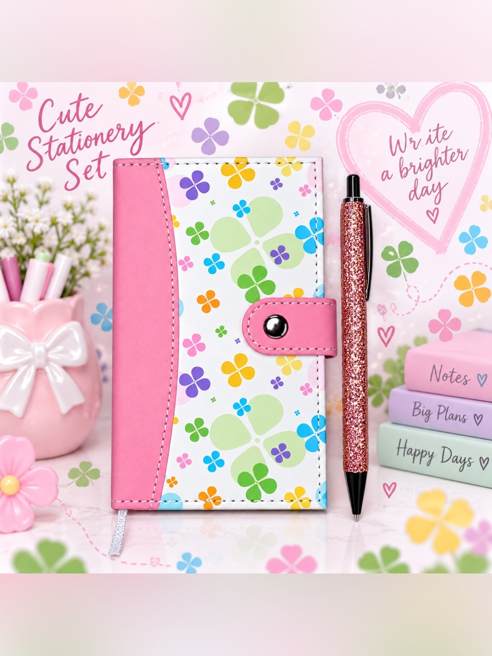 Pink Floral Pocket Notebook & Glitter Pen Set